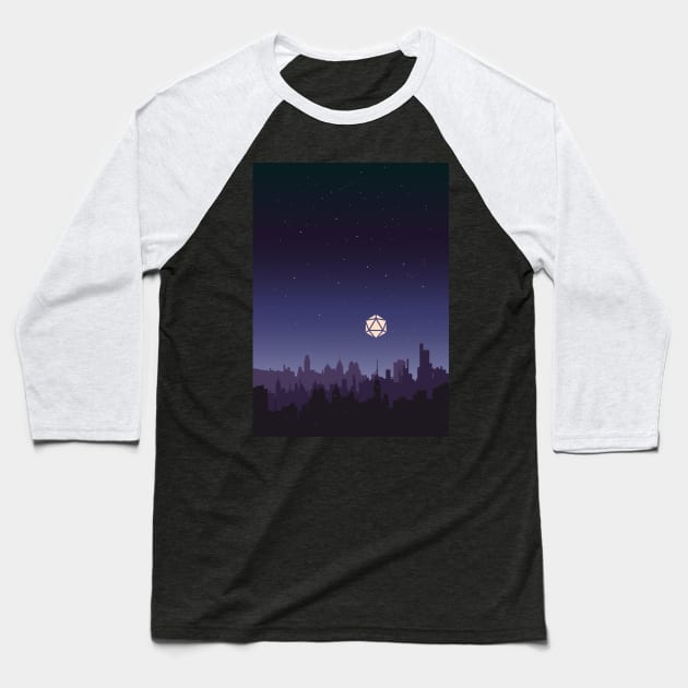 Midnight Starry Night D20 Dice Over City Tabletop RPG Cityscape Baseball T-Shirt by pixeptional